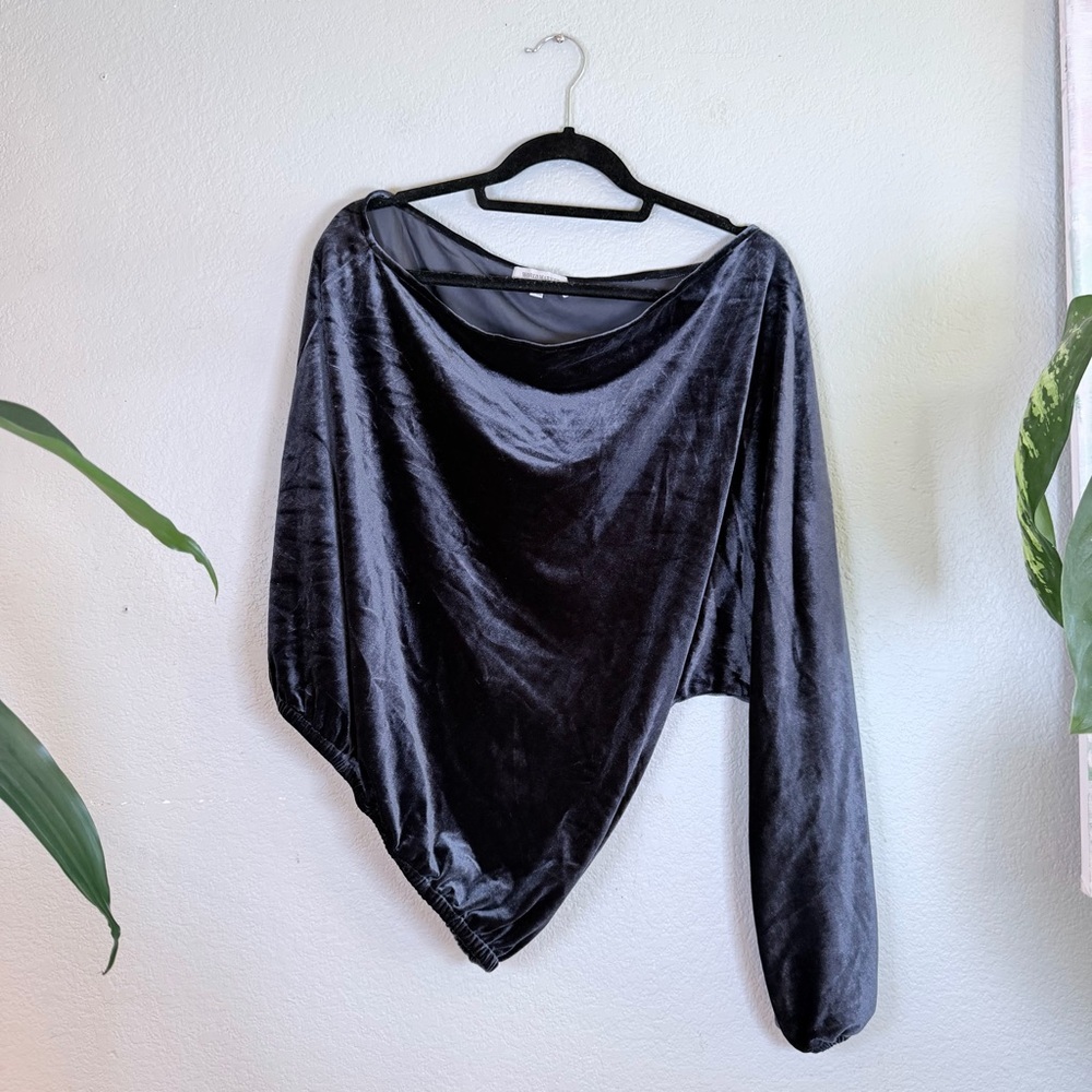 World Market Blue Asymmetrical One Shoulder Dark Blue Velvety Boho Blouson Top L - Picture 2 of 6